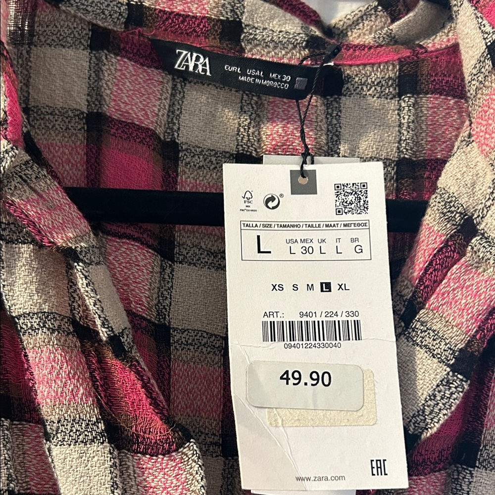 Zara Pink and Cream Plaid Smocked-Waist Shirt Dress - Picture 3 of 5